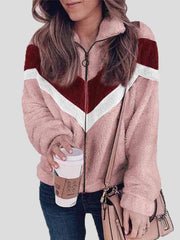 Women's Coats Plush Zipper Long Sleeve Contrast Coat