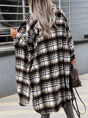Women's Coats Pocket Button Plaid Shirt Long Coat
