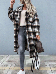 Women's Coats Pocket Button Plaid Shirt Long Coat