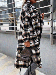 Women's Coats Pocket Button Plaid Shirt Long Coat