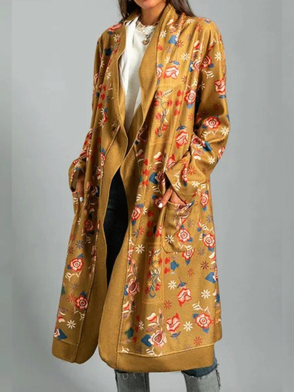 Women's Coats Printed Long Sleeve Pocket Cardigan Long Coat
