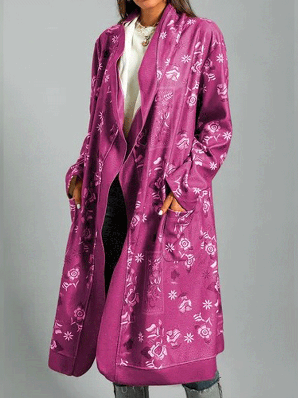 Women's Coats Printed Long Sleeve Pocket Cardigan Long Coat