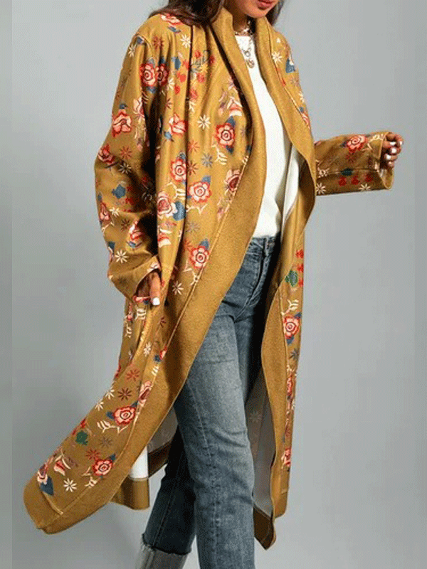 Women's Coats Printed Long Sleeve Pocket Cardigan Long Coat