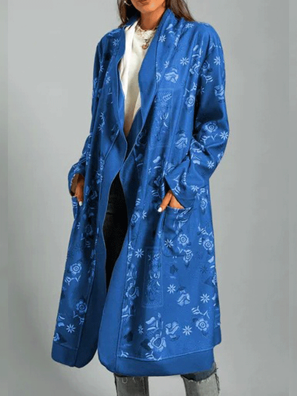 Women's Coats Printed Long Sleeve Pocket Cardigan Long Coat