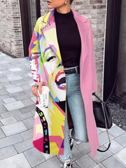 Women's Coats Printed Stitching Lapel Long Woolen Coat