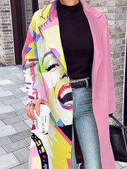 Women's Coats Printed Stitching Lapel Long Woolen Coat