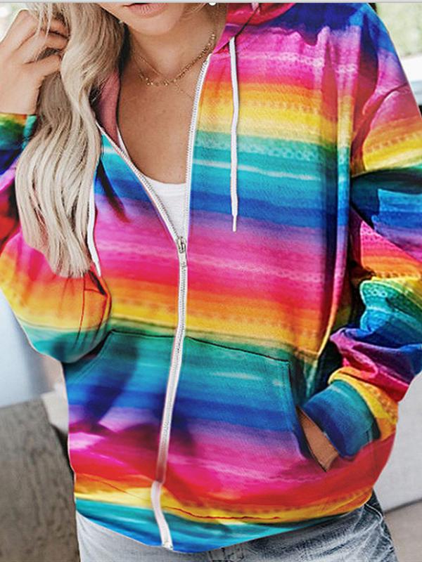 Women's Coats Rainbow Print Slot Pocket Zipper Hooded Coat
