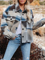 Women's Coats Retro Geometric Print Long Sleeve Woolen Coat