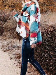 Women's Coats Retro Geometric Print Long Sleeve Woolen Coat