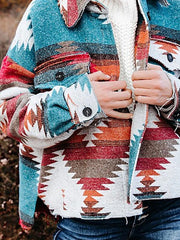 Women's Coats Retro Geometric Print Long Sleeve Woolen Coat