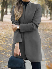 Women's Coats Solid Stand-Collar Mid-Length Woolen Coat