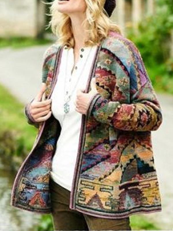 Women's Coats Vintage Print Long Sleeve Woolen Coat