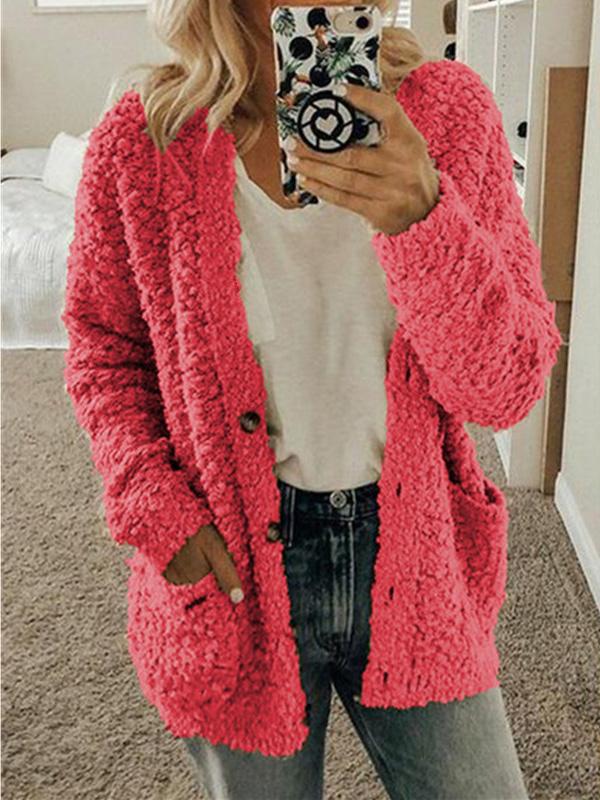 Women's Coats Woolen Fleece Pocket Button Cardigan Coat