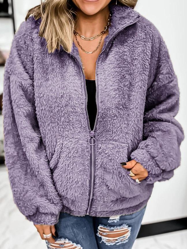 Women's Coats Woolen Fleece Zip Pocket Cardigan Coat