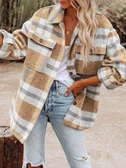 Women's Coats Woolen Plaid Button Long Sleeve Shirt Coat