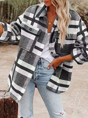 Women's Coats Woolen Plaid Button Long Sleeve Shirt Coat