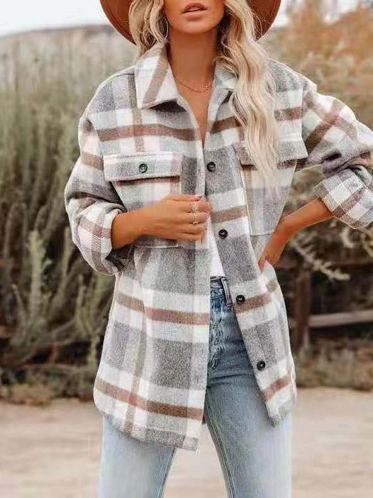 Women's Coats Woolen Plaid Button Long Sleeve Shirt Coat