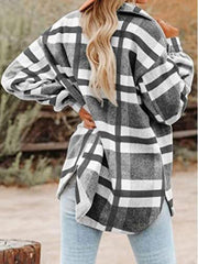 Women's Coats Woolen Plaid Button Long Sleeve Shirt Coat