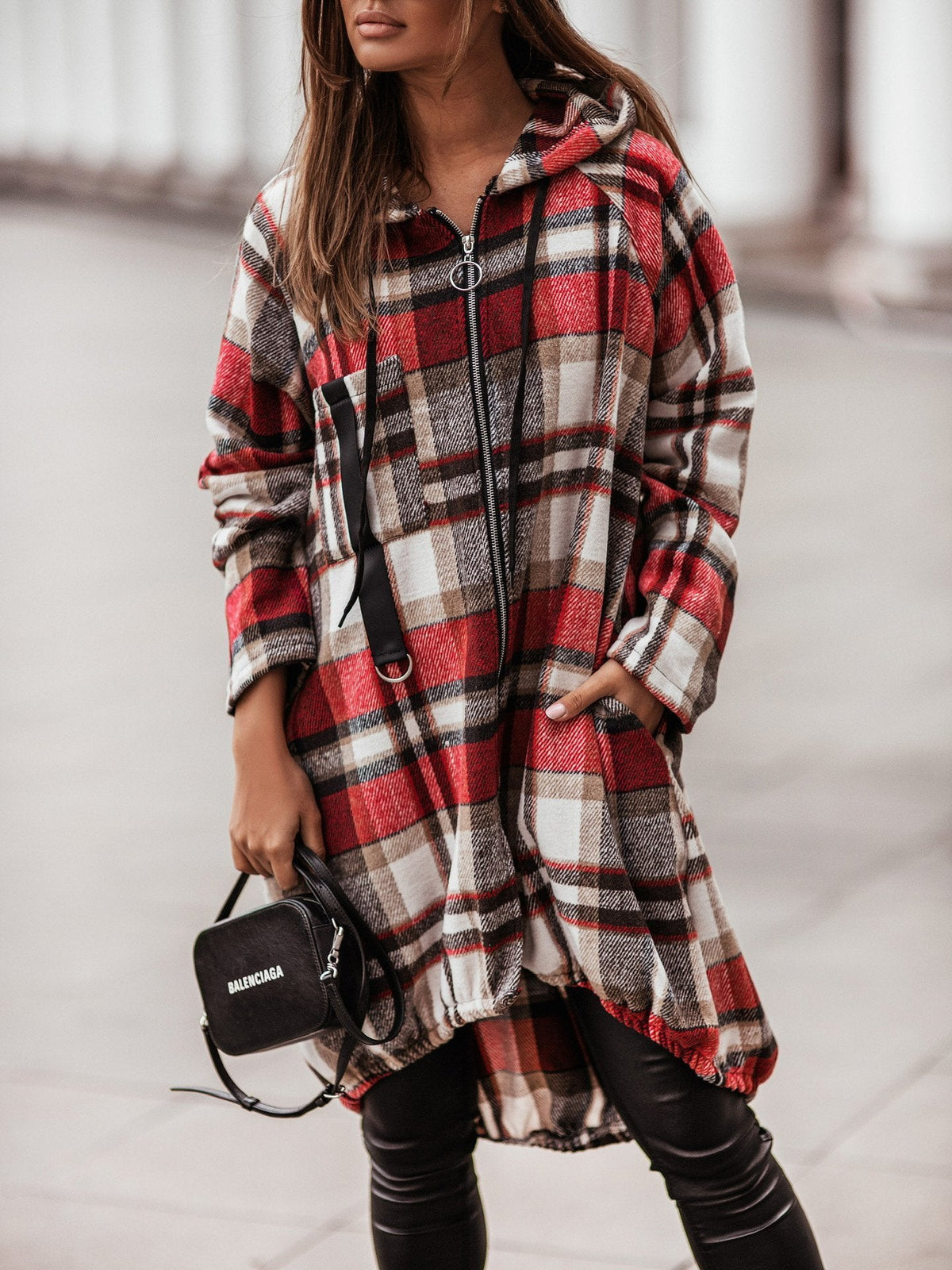 Women's Coats Zip Check Shirt Mid-Length Hooded Coat
