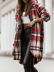 Women's Coats Zip Check Shirt Mid-Length Hooded Coat