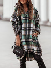 Women's Coats Zip Check Shirt Mid-Length Hooded Coat