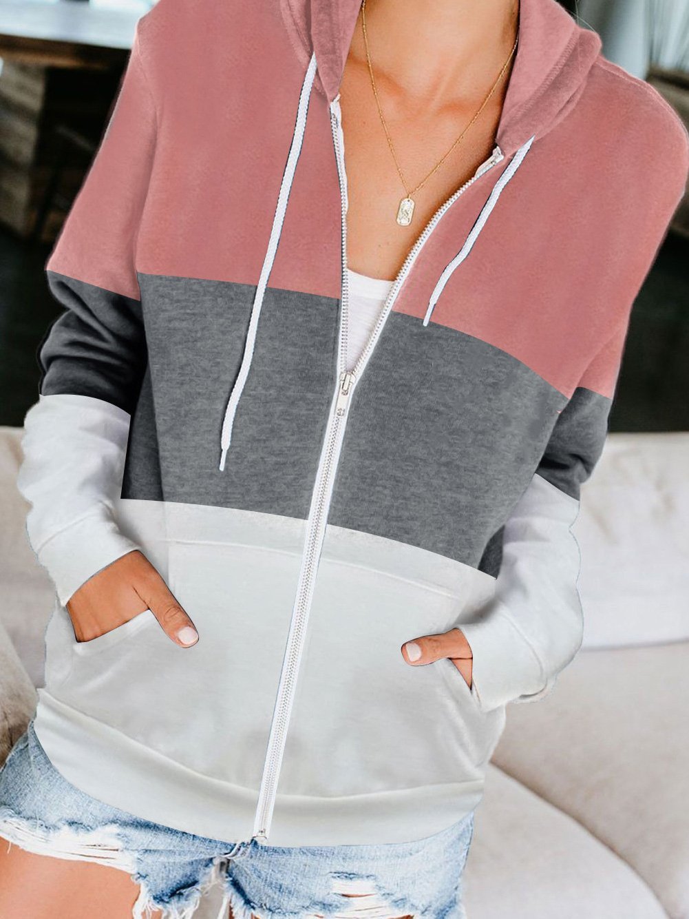 Women's Hoodies Contrasting Zip Pocket Cardigan Hoodie Coats