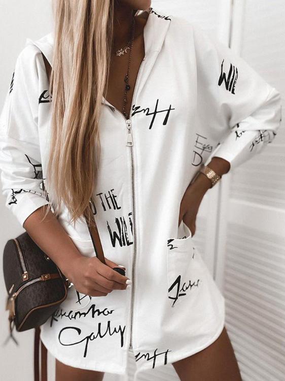 Women's Hoodies Letter Print Zip Long Sleeve Pocket Hoodie Coats