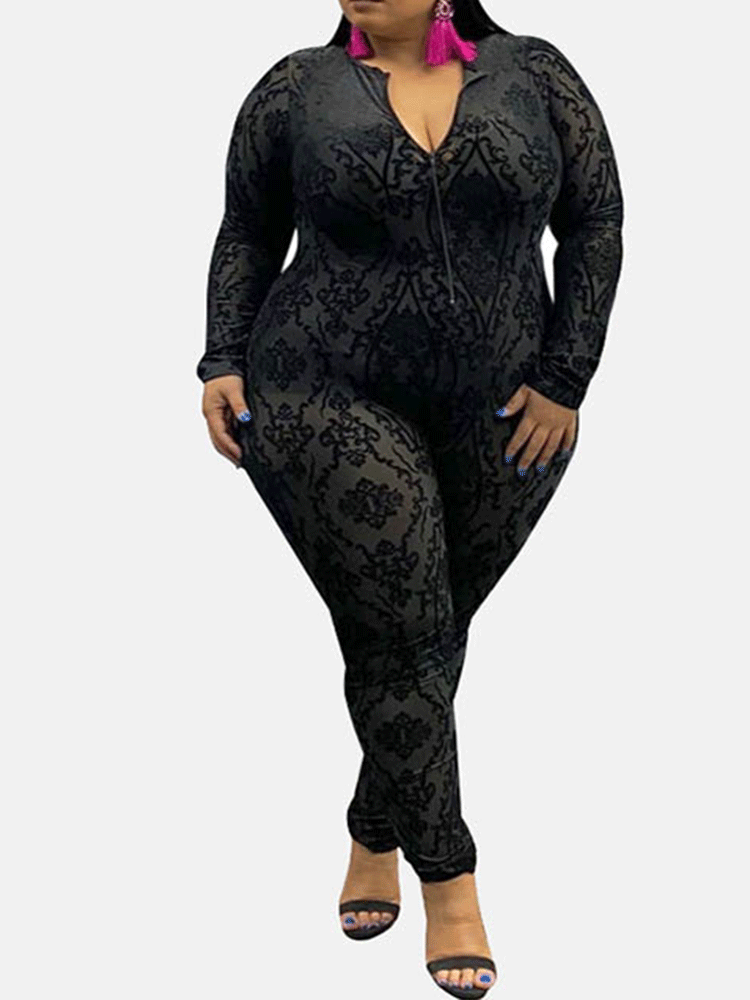 Zipper Front Mesh Jumpsuit