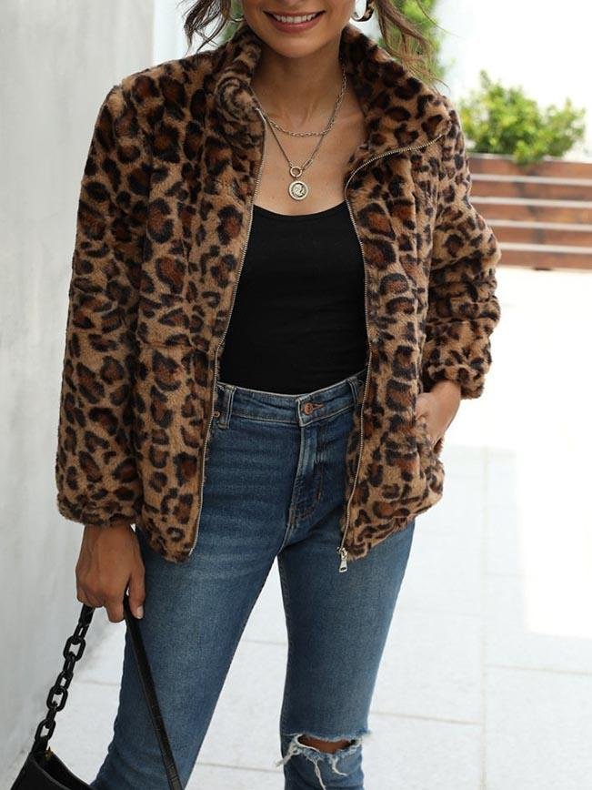Zip Up Batwing Sleeve Leopard Oversized Coat
