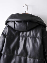 Zip Up Hooded PU Leather Padded Coat